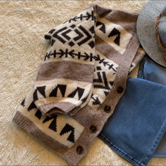 New Aztec Print Native Knit Wool Cardigan Sweater Button Front V-Neck Coat - Picture 4 of 9